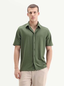 Rare Rabbit - Men'S Zipo Light Olive Cotton Fabric Spread Collar Relaxed Plain Shirt