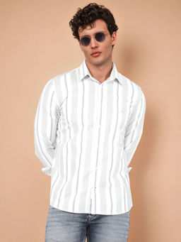 CRIMSOUNE CLUB - Mens Green Vertical Stripes Pure Cotton Shirt