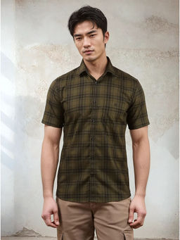CRIMSOUNE CLUB - Olive Checked Cotton Shirt