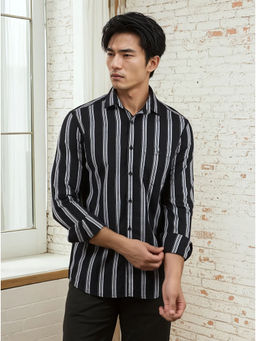 CRIMSOUNE CLUB - Navy Blue Vertical Stripes Cotton Shirt