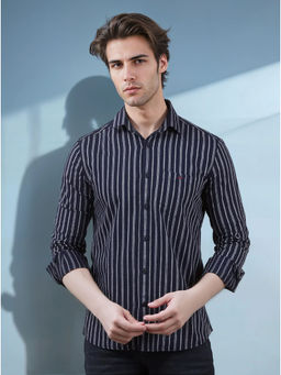 CRIMSOUNE CLUB - Navy Blue Vertical Stripes Cotton Shirt