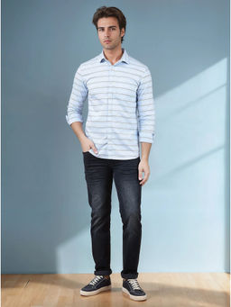 CRIMSOUNE CLUB - Blue Horizontal Stripes Cotton Shirt