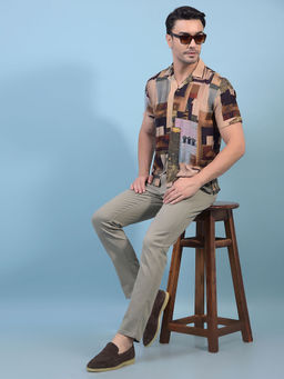 CRIMSOUNE CLUB - Men's Brown Printed Cuban Collar Shirt