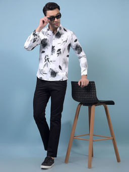 CRIMSOUNE CLUB - Men White Floral Print Linen Shirt