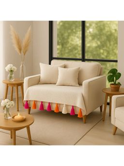 THROW PILLOW - Neutral with Offwhite, Magenta and Orange Tassels Sofa Cover