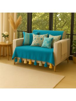 THROW PILLOW - Cerulean Blue with Yellow, White &Blue Tassels Sofa Cover