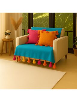THROW PILLOW - Teal Blue with Multicolour Tassels Sofa Cover