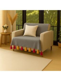 THROW PILLOW - Light Grey with Magenta and Yellow Tassels Sofa Cover