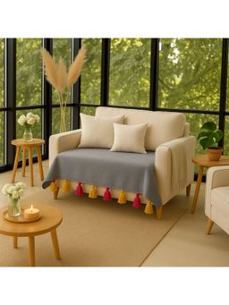 THROW PILLOW - Light Grey with Magenta and Yellow Tassels Sofa Cover