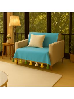 THROW PILLOW - Turquoise Blue With Yellow, White &Blue Tassels Sofa Cover