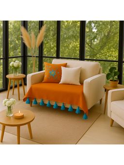 THROW PILLOW - Orange With Ice Blue Tassels Sofa Cover