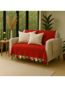 THROW PILLOW - Red With White, Green and Pink Tassels Sofa Cover