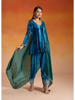 Gajra Gang - Velvette Teal Velour Mirror Embroidered Short Anarkali Semi Salwar Dupatta