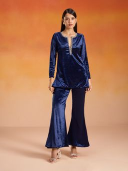 Gajra Gang - Velvette Navy Velour Pearl Embroidered Neckline Kurta Pant Co-ord