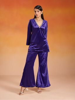 Gajra Gang - Velvette Purple Velour Pearl Embroidered V Neckline Kurta Pant Co-ord