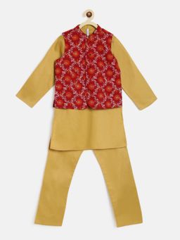 Campana - Boys Nishant Kurta With Jacket Jacquard Print Maroon And Gold (Set of 3)