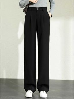 BROADSTAR - Women High-Rise Stretchable Black Straight Fit Trousers