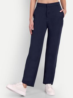 BROADSTAR - Women High-Rise Stretchable Navy Blue Straight Fit Korean Trousers