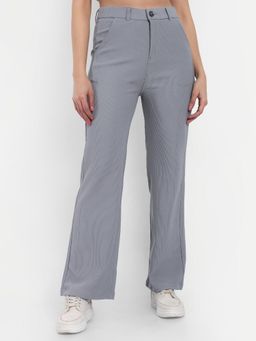 BROADSTAR - Women High-Rise Stretchable Light Grey Straight Fit Corduroy Trousers