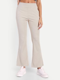 BROADSTAR - Women High-Rise Stretchable Light Beige Flared Corduroy Trousers