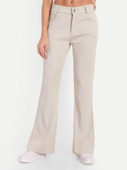 BROADSTAR - Women High-Rise Stretchable Light Beige Bootcut Corduroy Trousers