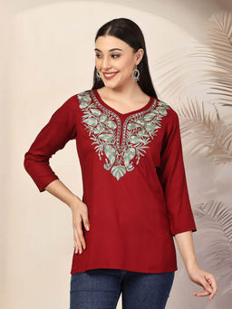 QAZMI - Women Ethnic Motifs Kashmiri Embroidered Aari Work Straight Kurti