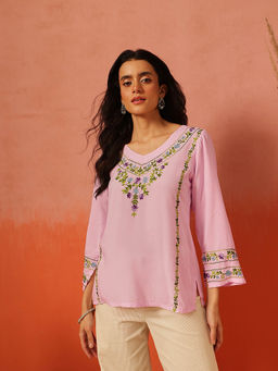 QAZMI - Women Amina Kashmiri Embroidered V-Neck Short Kurti