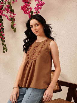 QAZMI - Women Aari Work Sleeveless Peplum Linen Cotton Top