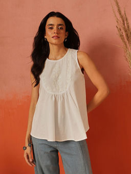 QAZMI - Women Aari Work Sleeveless Peplum Linen Cotton Top