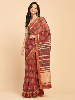Fabindia - Red Cotton Hand Block Printed Saree Without Blouse