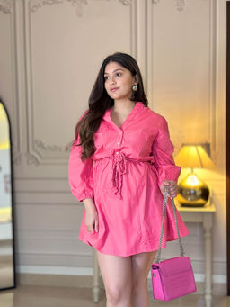HOUSE OF SAL - Shirt Cut Work Pink Dress With Belt