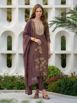 BLACK SCISSOR - Brown Floral Printed Ethnic Kurta with Pant & Dupatta (Set of 3)