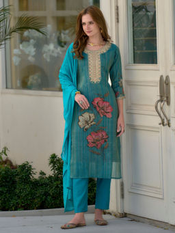 BLACK SCISSOR - Blue Floral Printed Ethnic Kurta with Pant & Dupatta (Set of 3)