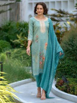 BLACK SCISSOR - Sea Green Floral Printed Ethnic Kurta with Pant & Dupatta (Set of 3)