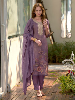 BLACK SCISSOR - Purple Floral Printed Ethnic Kurta with Pant & Dupatta (Set of 3)