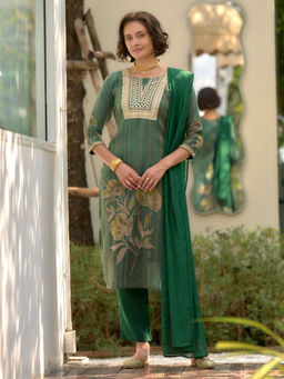 BLACK SCISSOR - Green Floral Printed Ethnic Kurta with Pant & Dupatta (Set of 3)