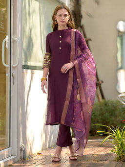 BLACK SCISSOR - Burgundy Viscose Ethnic Kurta with Pant & Dupatta (Set of 3)