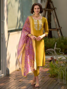 BLACK SCISSOR - Mustard Embroidered Ethnic Kurta with Pant & Dupatta (Set of 3)