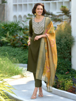 BLACK SCISSOR - Mehendi Green Embroidered Ethnic Kurta with Pant & Dupatta (Set of 3)