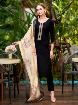 BLACK SCISSOR - Black Viscose Embroidered Ethnic Kurta with Pant & Dupatta (Set of 3)