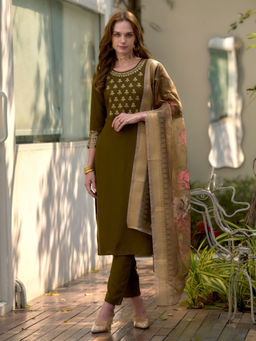 BLACK SCISSOR - Olive Silk Embroidered Ethnic Kurta with Pant & Dupatta (Set of 3)