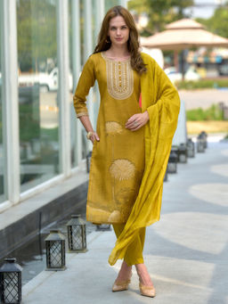 BLACK SCISSOR - Mustard Yellow Viscose Embroidered Ethnic Kurta with Pant & Dupatta (Set of 3)