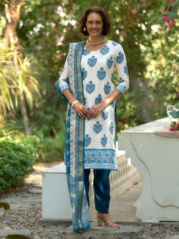 BLACK SCISSOR - White Cotton Printed Ethnic Kurta with Pant & Dupatta (Set of 3)