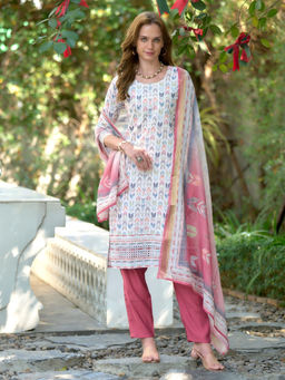 BLACK SCISSOR - White Cotton Printed Ethnic Pink Kurta with Pant & Dupatta (Set of 3)
