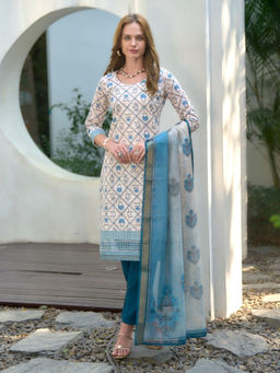 BLACK SCISSOR - White Cotton Printed Ethnic Blue Kurta with Pant & Dupatta (Set of 3)