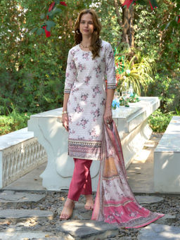 BLACK SCISSOR - Women's White Cotton Printed Ethnic Kurta with Pant & Dupatta (Set of 3)