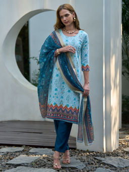 BLACK SCISSOR - Women's Cotton Light Blue Printed Ethnic Kurta with Pant & Dupatta (Set of 3)