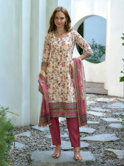 BLACK SCISSOR - Women's Cream Floral Printed Ethnic Kurta with Pant & Dupatta (Set of 3)