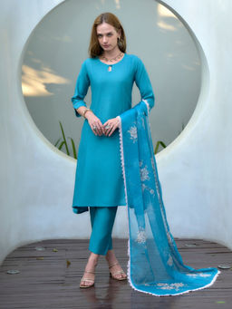 BLACK SCISSOR - Blue Viscose Ethnic Kurta with Pant & Dupatta (Set of 3)