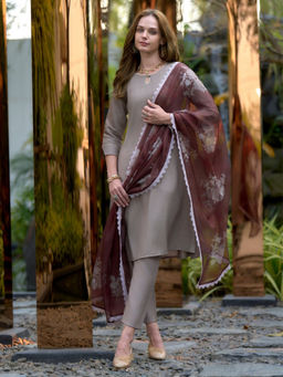 BLACK SCISSOR - Grey Viscose Ethnic Kurta with Pant & Dupatta (Set of 3)